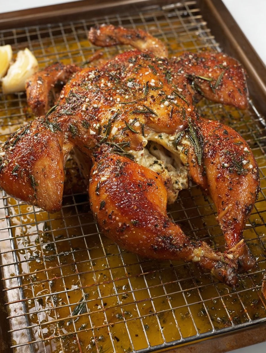 A roasted chicken with herbs and spices.