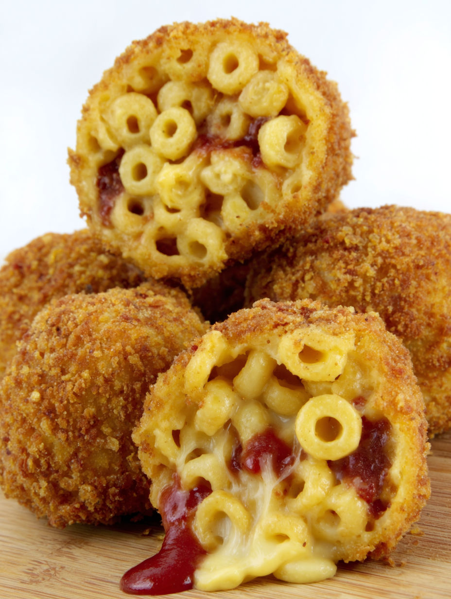 A close up of a deep fried spaghetti os.