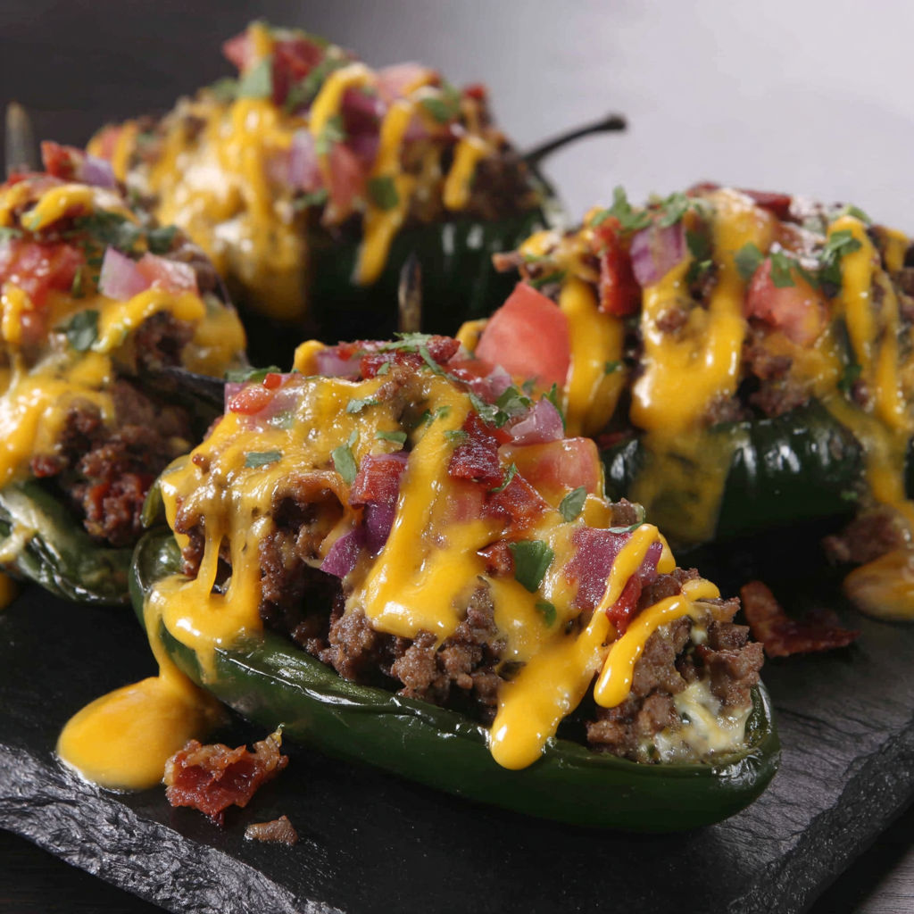 Bacon cheeseburger stuffed peppers on a black plate.