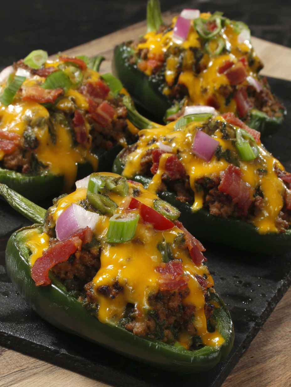 Bacon cheeseburger stuffed peppers on a black plate.