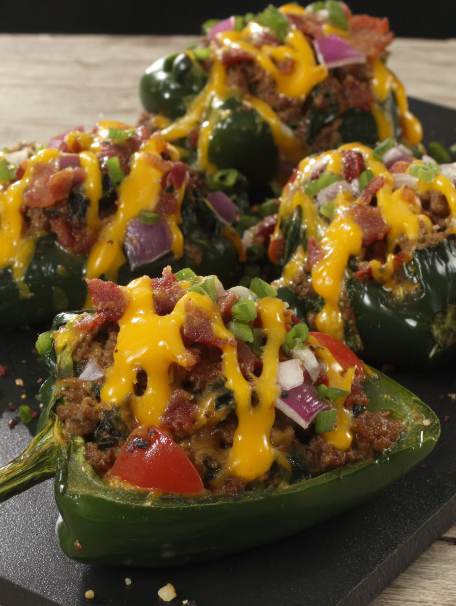 A close up of a delicious bacon cheeseburger stuffed pepper.
