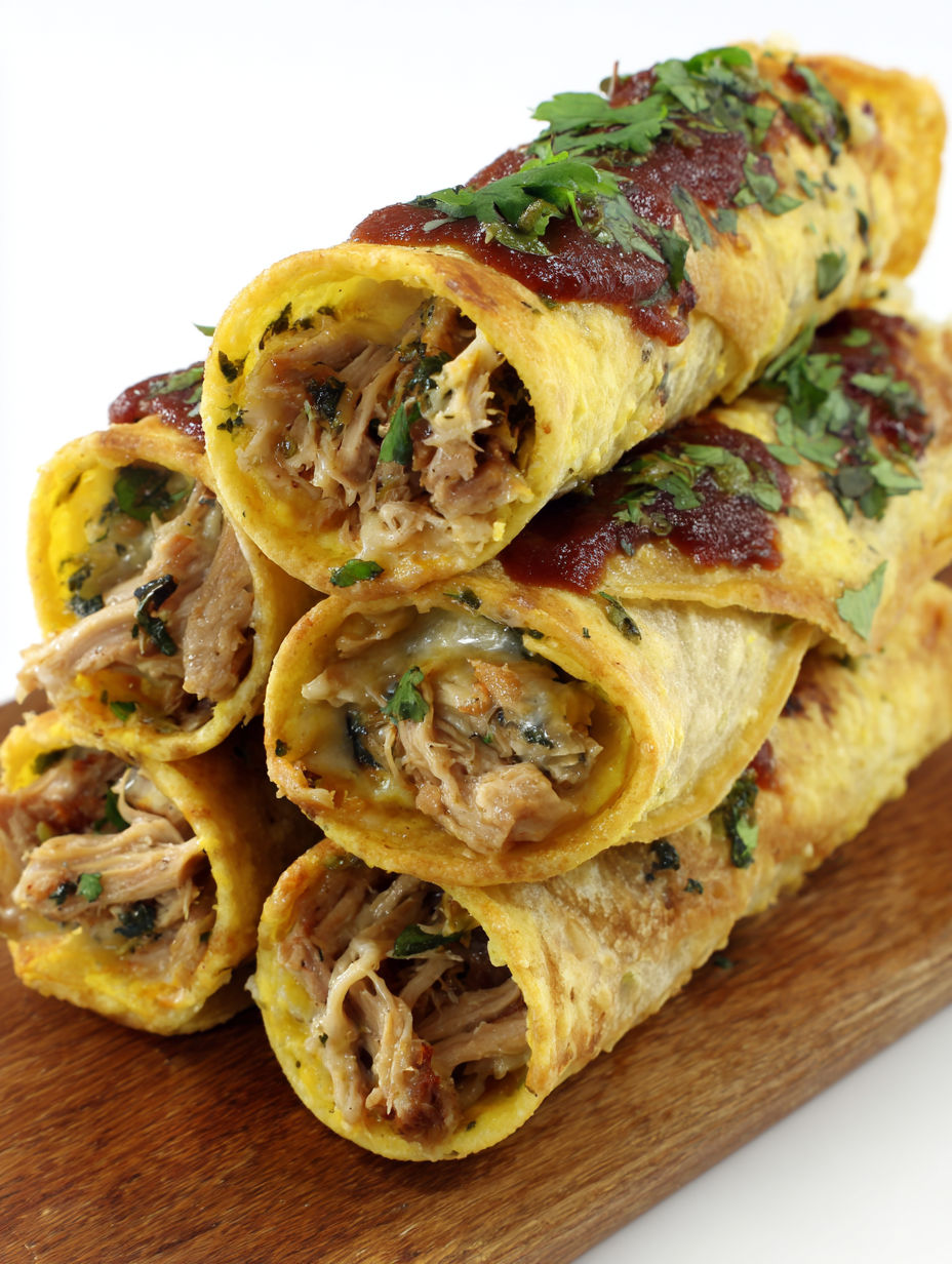 Pulled pork taquitos on a wooden table.