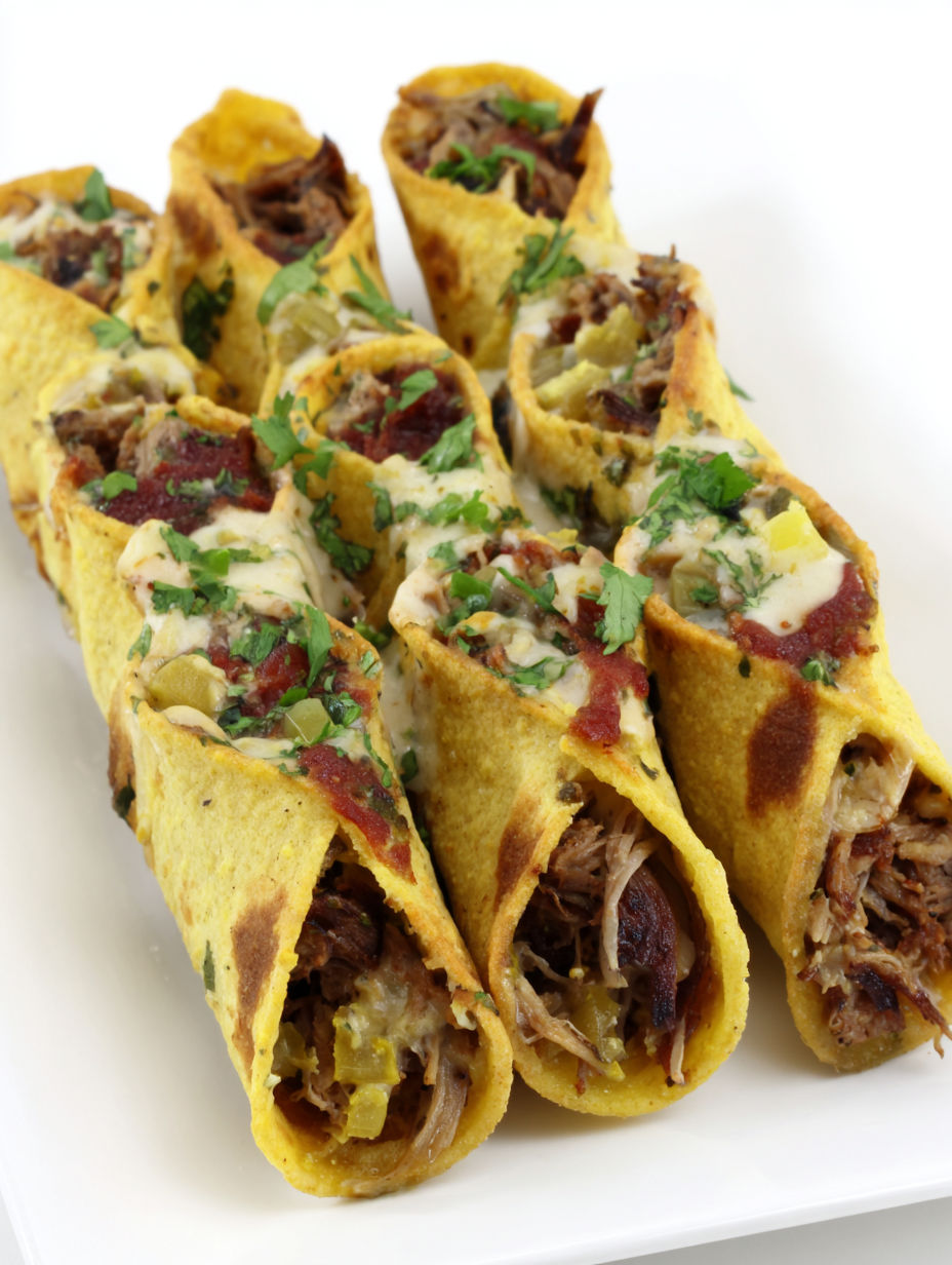 Pulled pork taquitos on a plate.