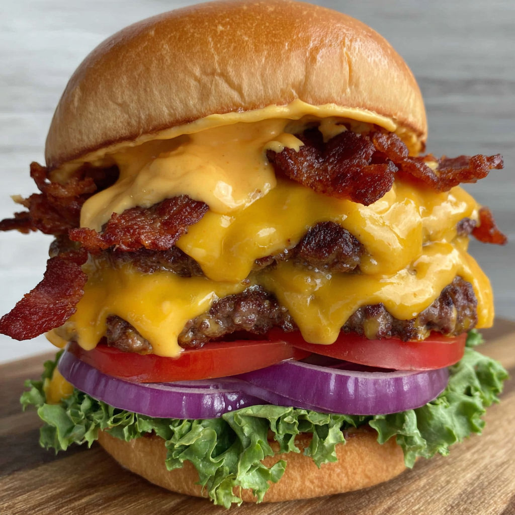 A close up of a bacon cheese burger.