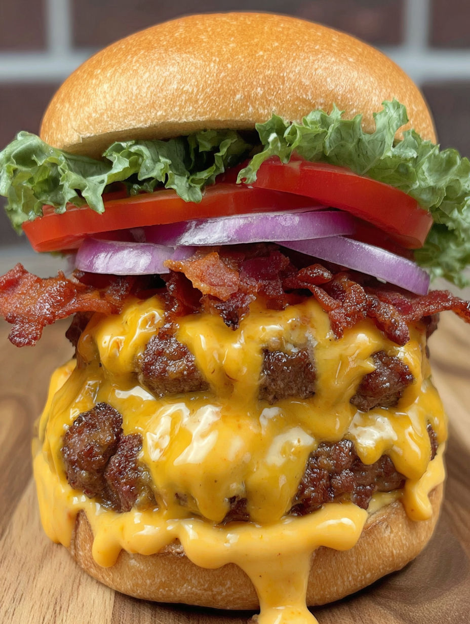 A close up of a bacon cheese burger.