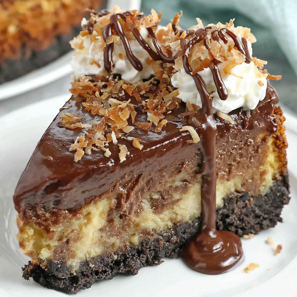 A slice of German Chocolate Cheesecake with chocolate drizzle.