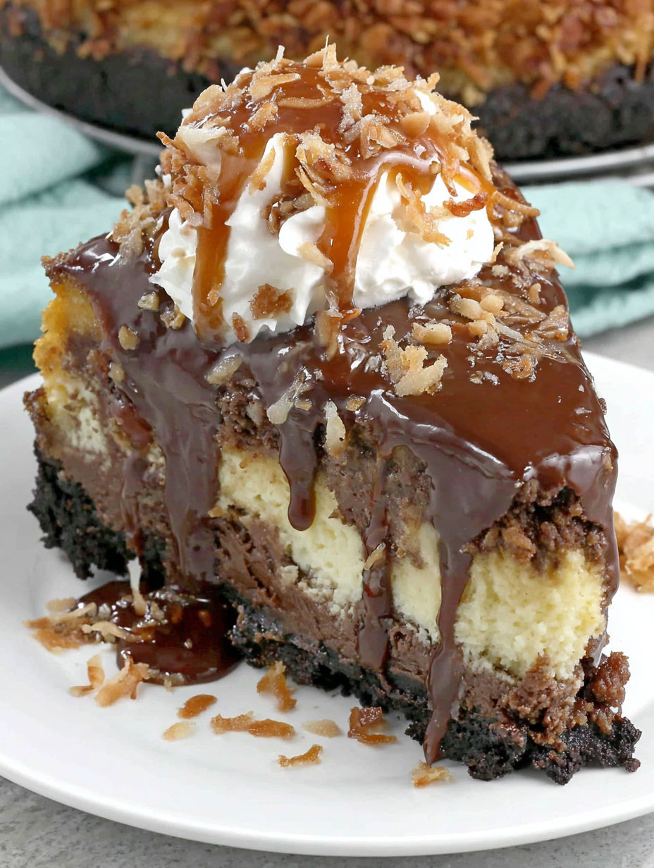 A slice of cake with chocolate and coconut toppings.