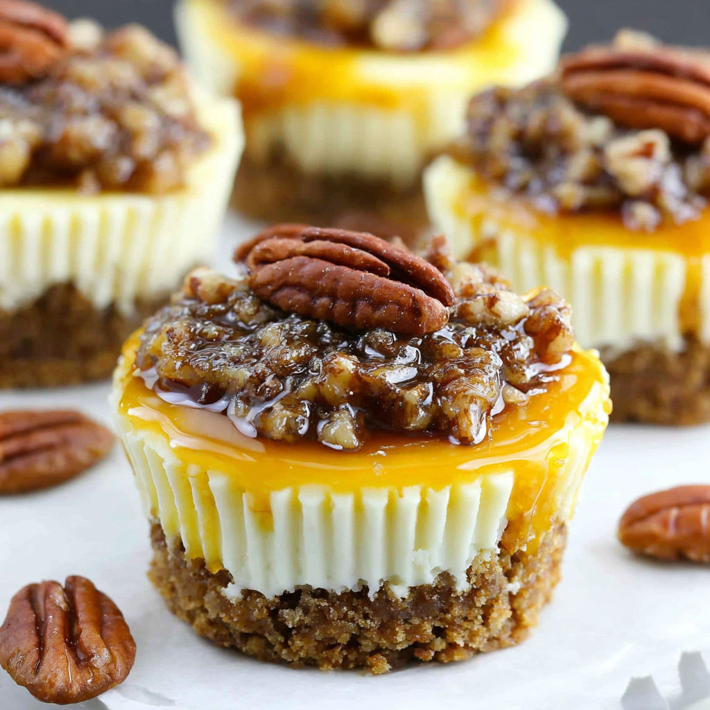Mini pecan pie cheesecakes with a caramel sauce.