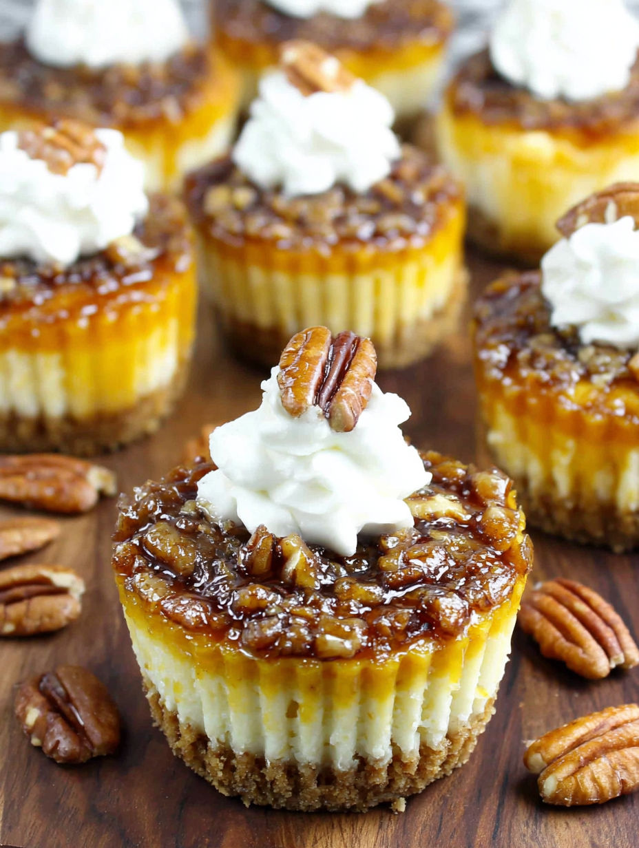 Mini pecan pie cheesecakes with whipped cream.