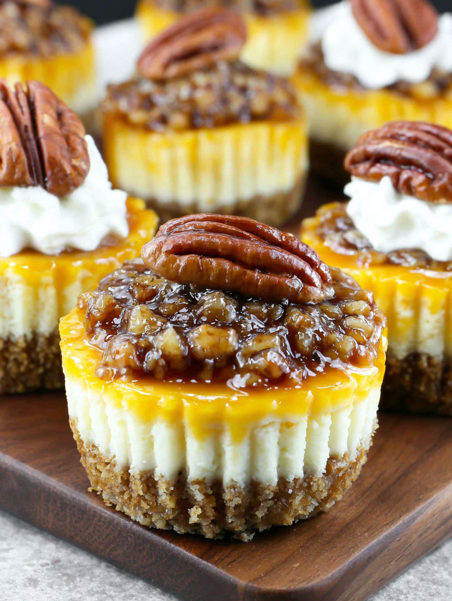 Mini pecan pie cheesecakes with a pecan on top.
