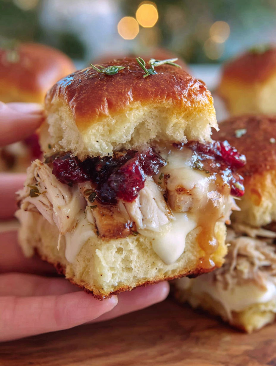 A hand holding a turkey cranberry slider with brie.