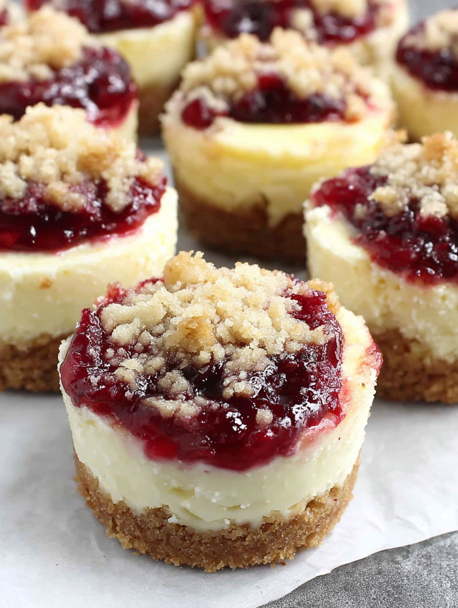 Mini cranberry cheesecakes with crumb topping.