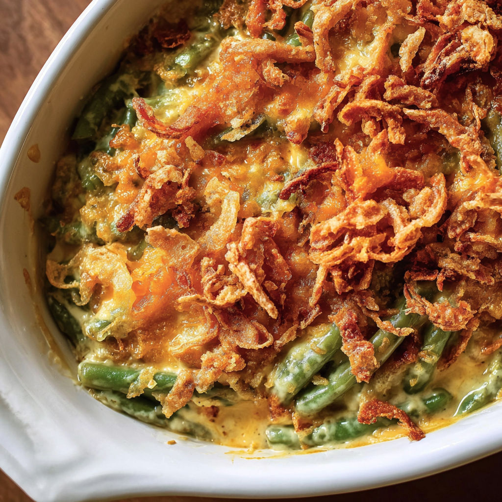 A cheesy green bean casserole in a white bowl.