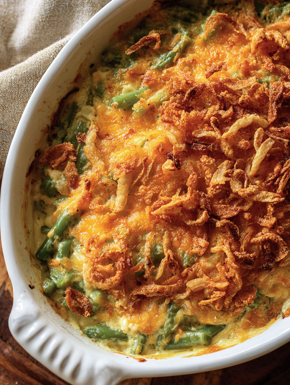 A cheesy green bean casserole in a white bowl.