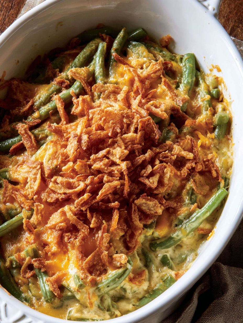 A close up of a cheesy green bean casserole.