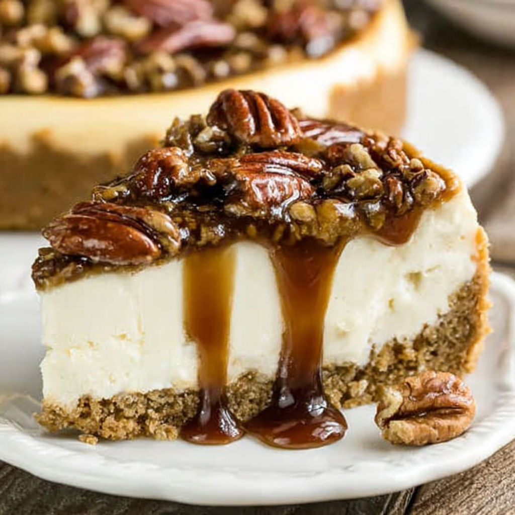 A slice of pecan pie cheesecake with caramel drizzle.
