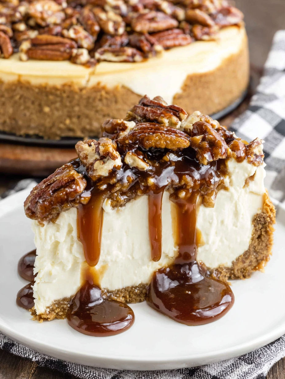 A slice of pecan pie cheesecake with caramel drizzle.
