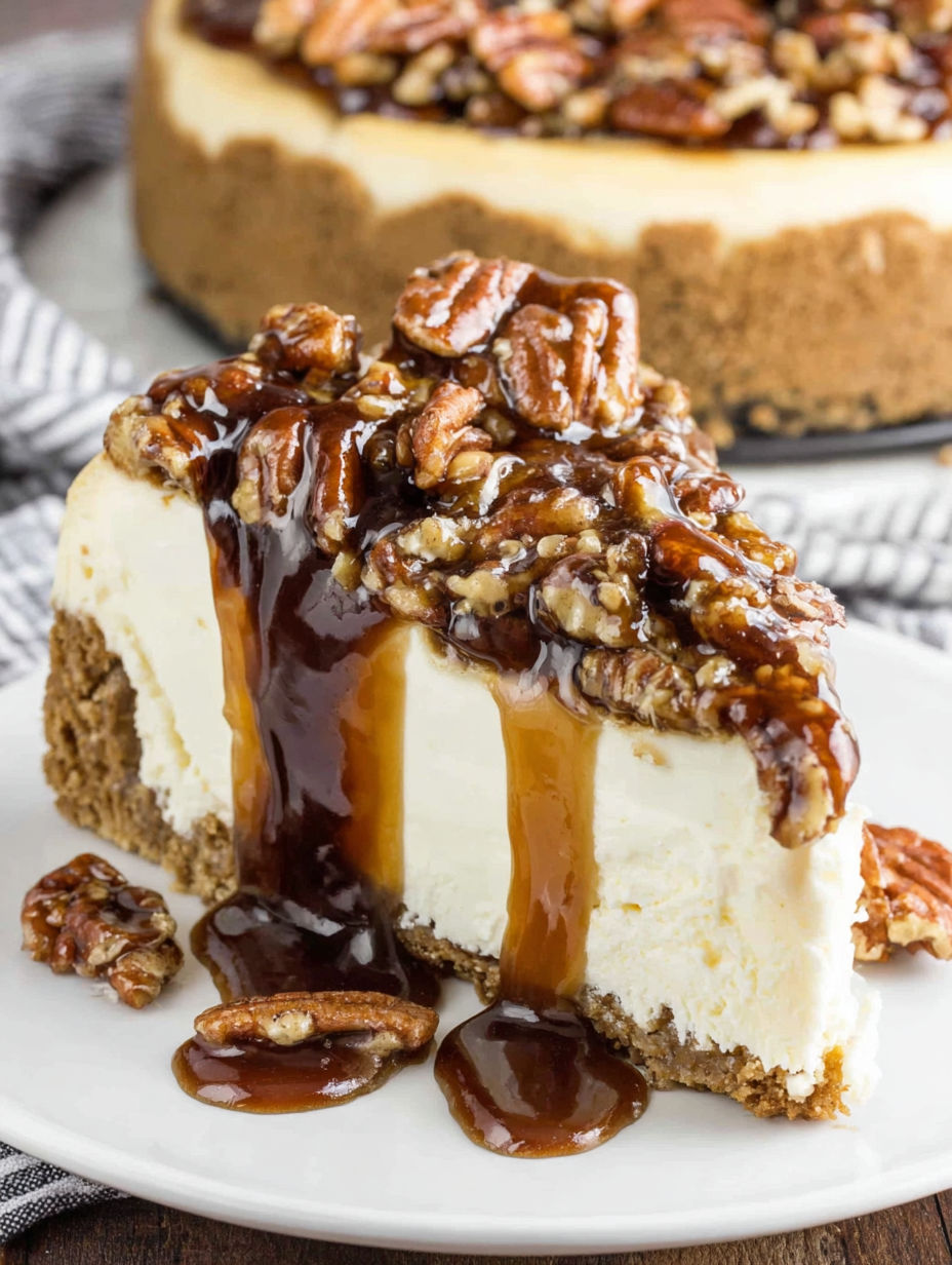 A slice of pecan pie cheesecake with caramel drizzle.