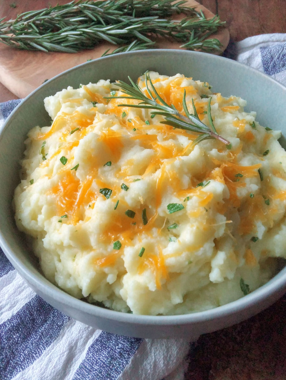 A bowl of mashed cauliflower with cheese.