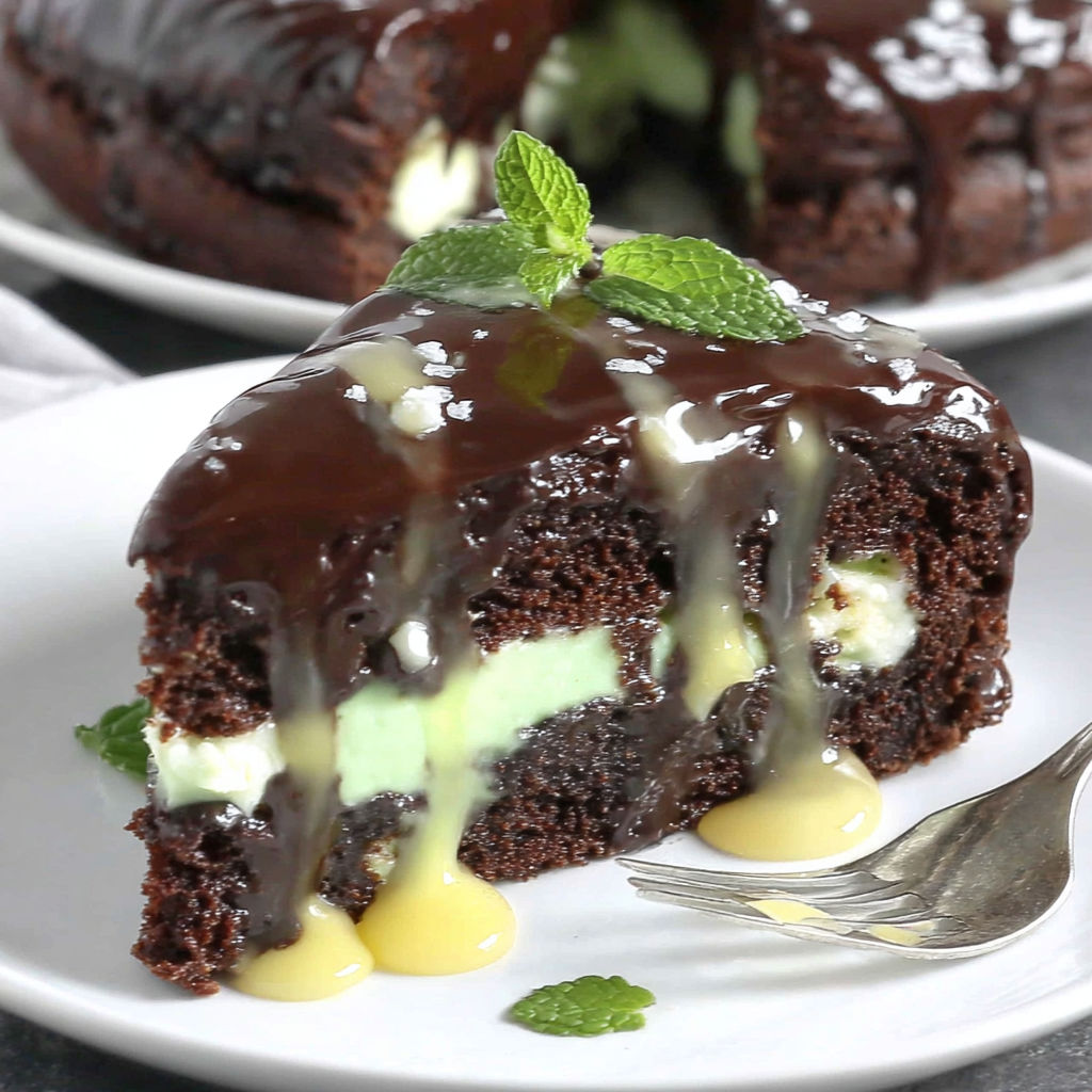 A slice of flourless mint chocolate cake.