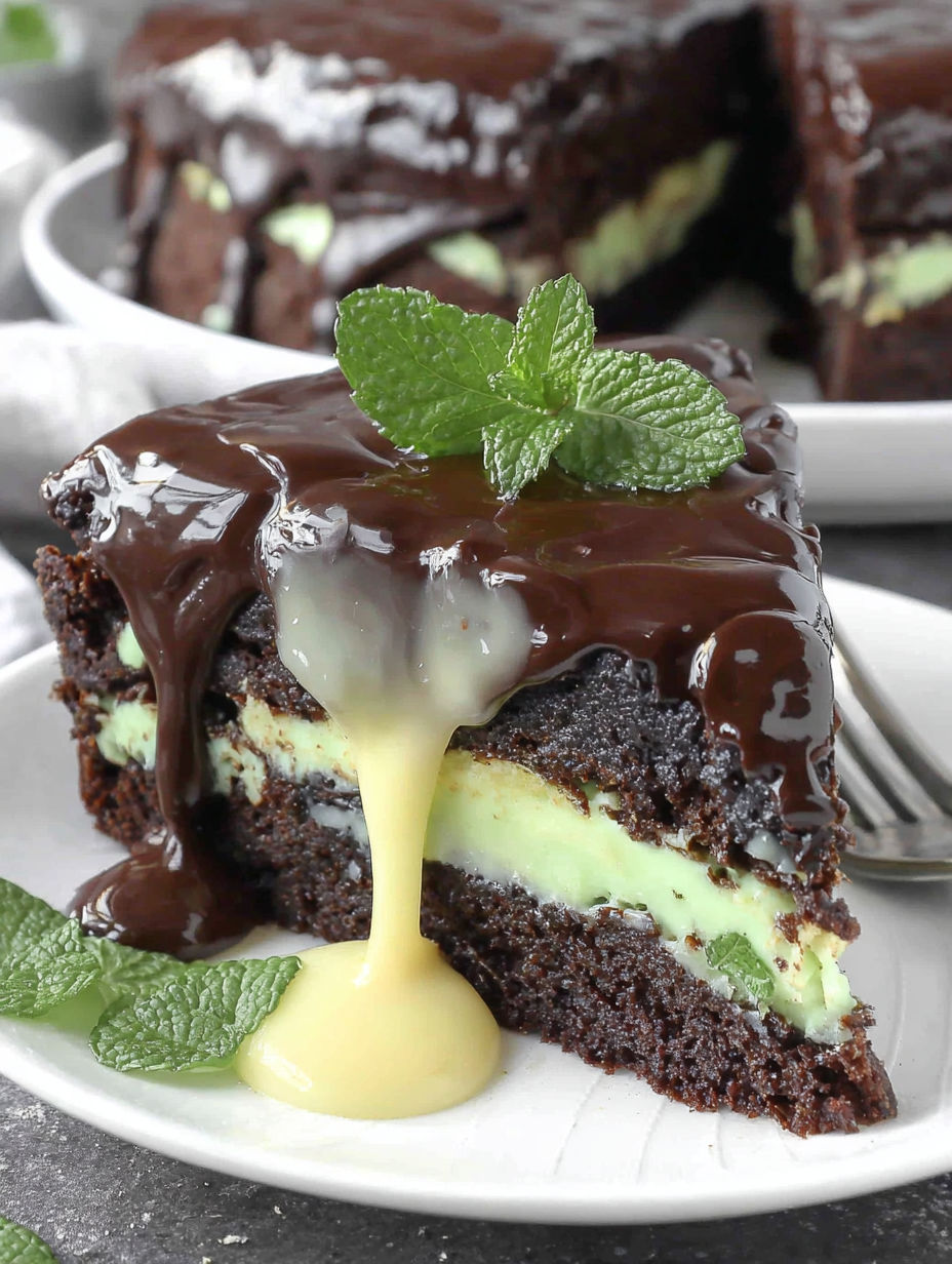 A slice of flourless mint chocolate cake with a dollop of cream on top.