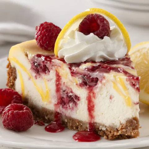 A slice of lemon raspberry cheesecake with a lemon wedge on top.