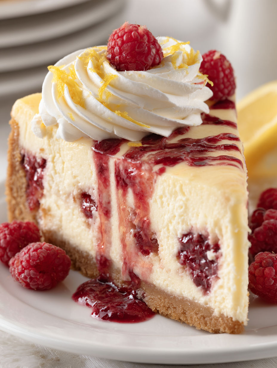 A slice of lemon raspberry cheesecake.