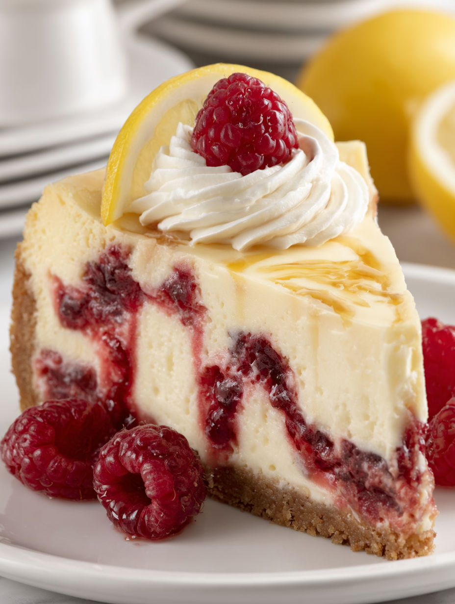 A slice of lemon raspberry cheesecake.