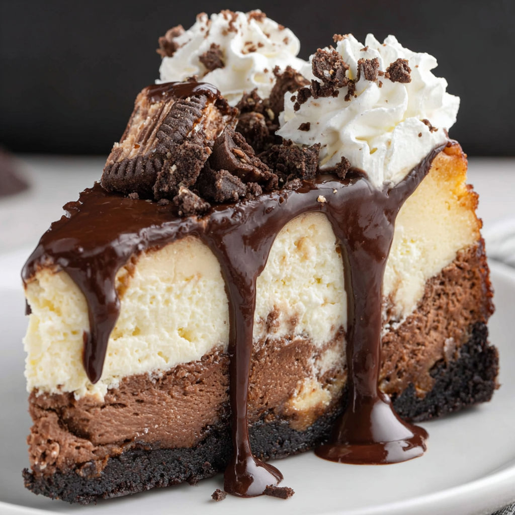 A slice of triple chocolate cheesecake with chocolate drizzle.