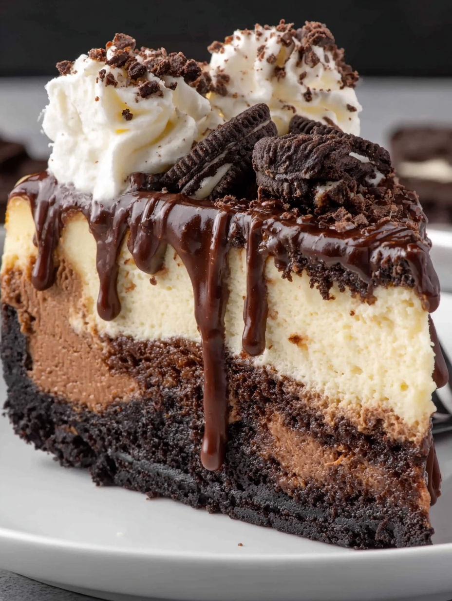 A slice of triple chocolate cheesecake with chocolate drizzle.