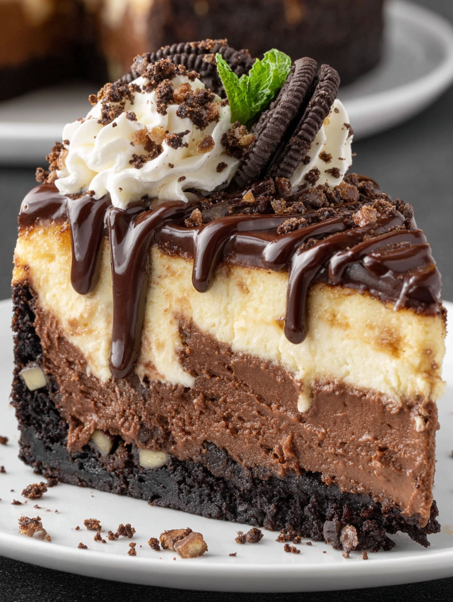 A slice of triple chocolate cheesecake.