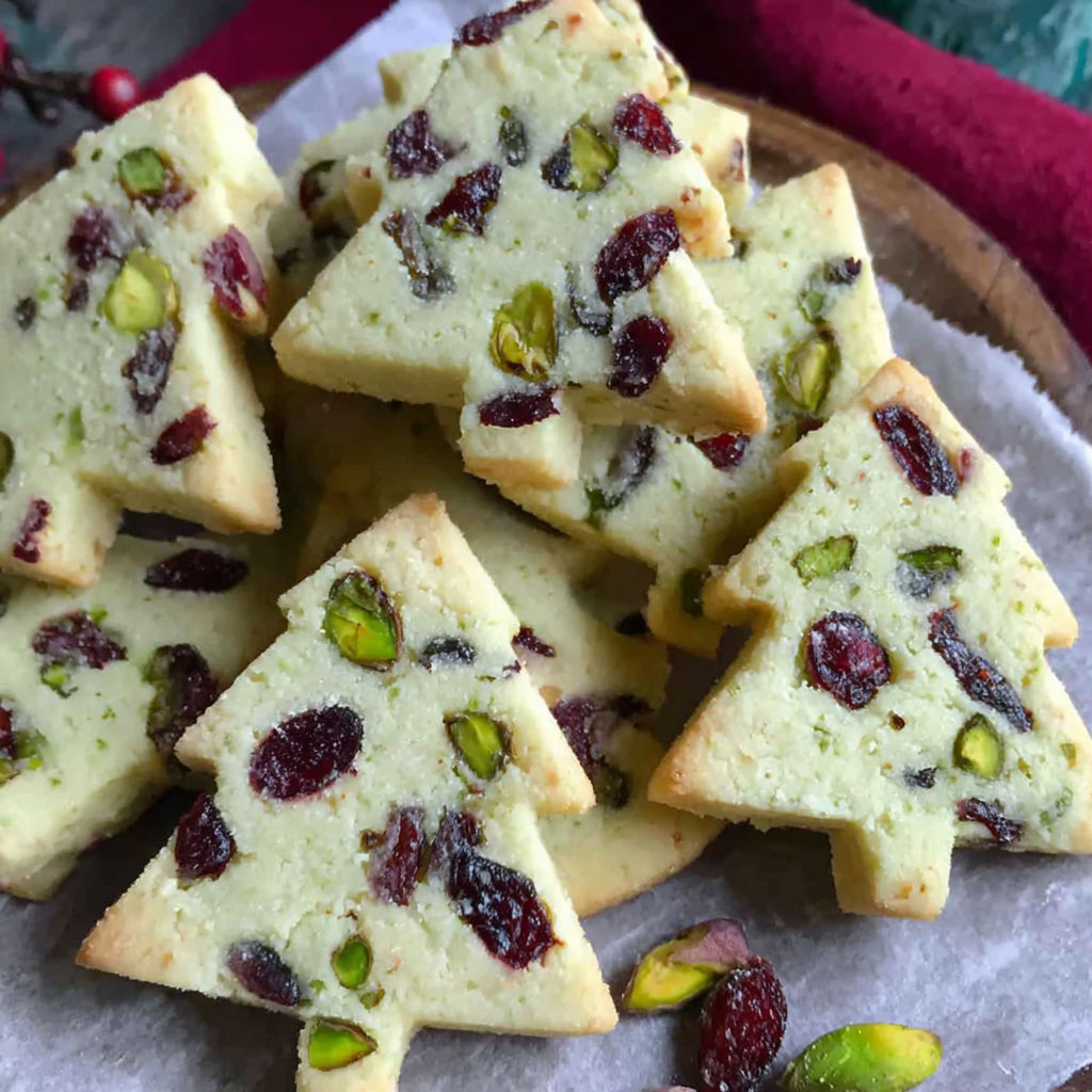 A plate of cranberry pistachio christmas shortbread cookies.
