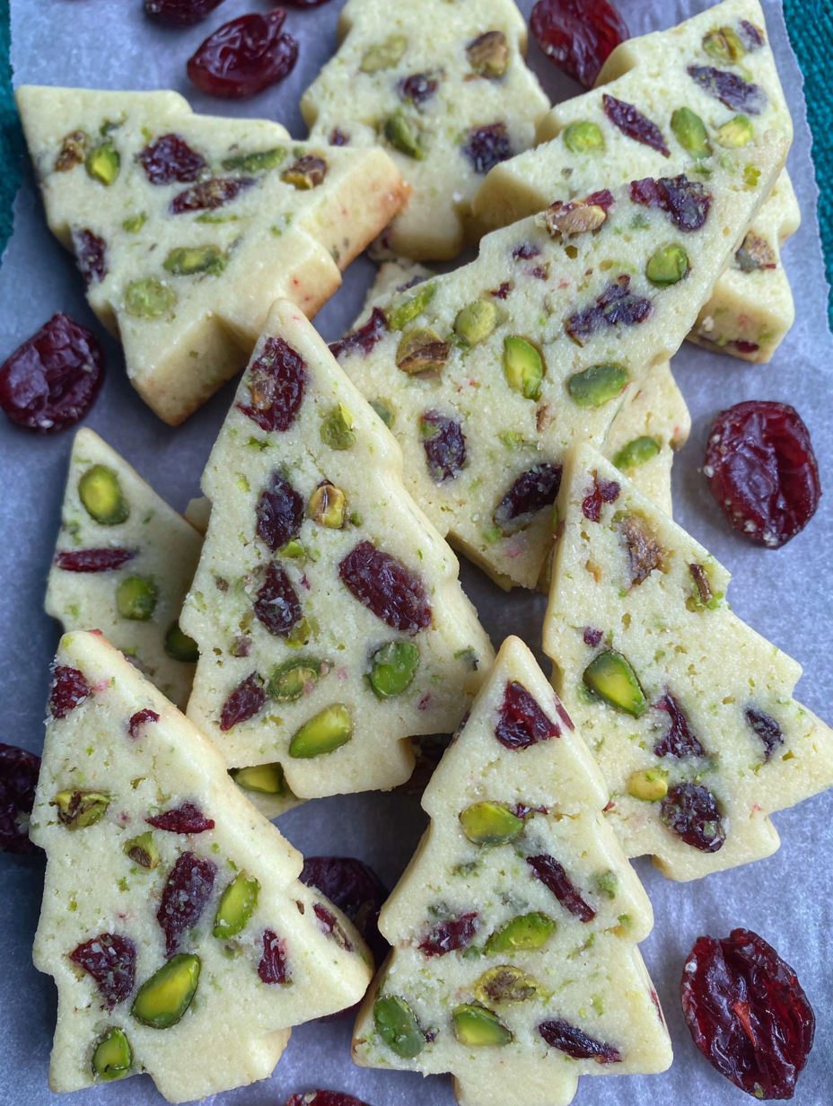 A plate of cranberry pistachio christmas shortbread cookies.