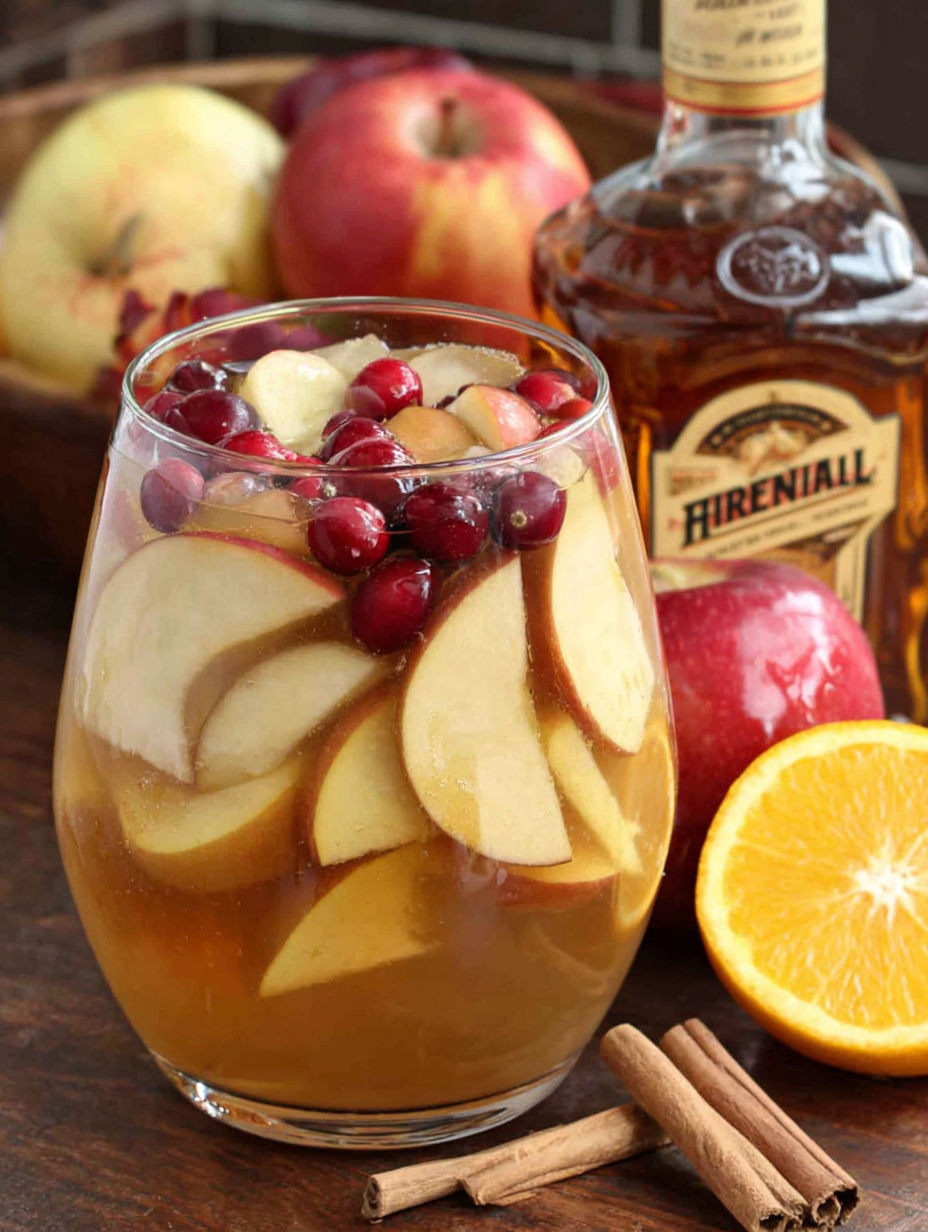 A glass of sangria with a slice of orange and a cinnamon stick.