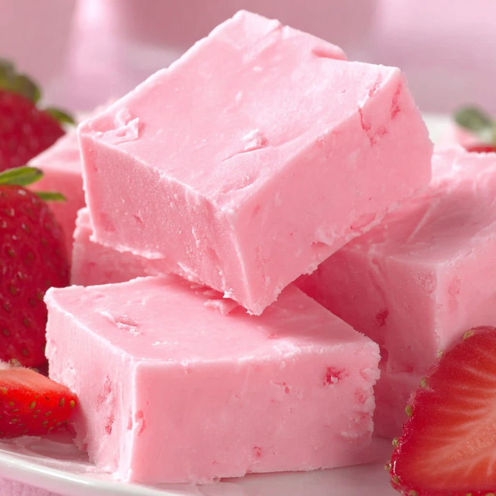 A plate of pink cake with strawberries on top.