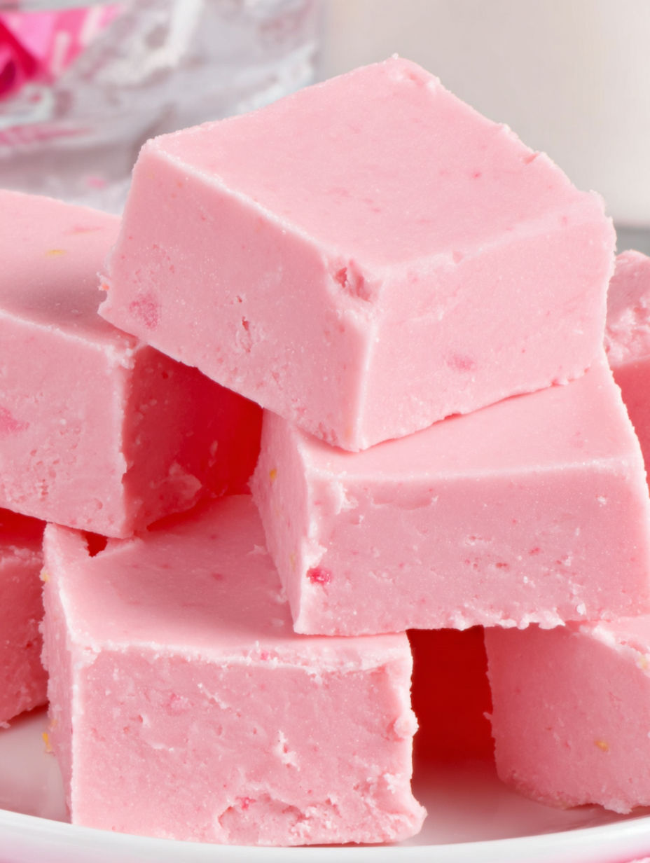 Pink cake with strawberry fudge.