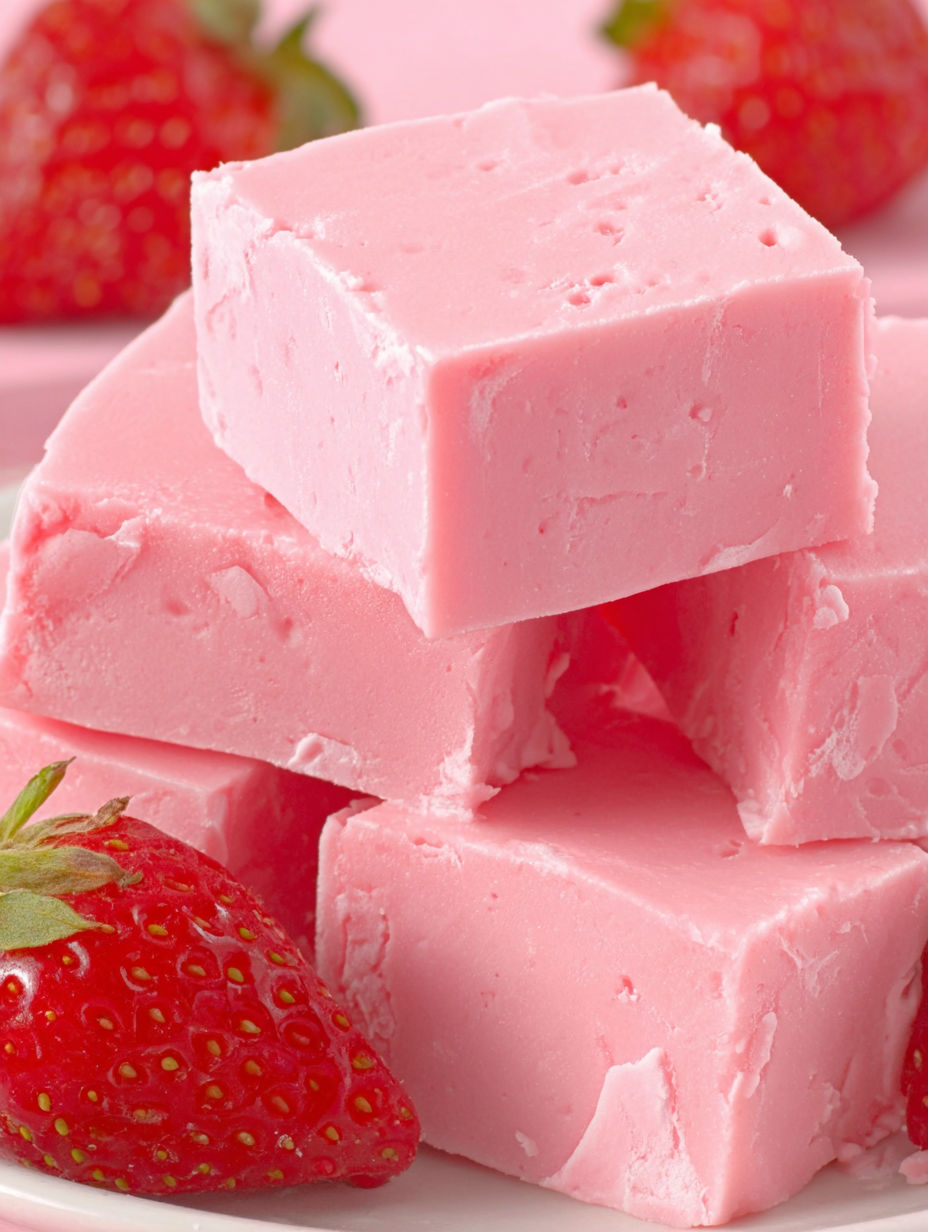 A stack of pink cake with strawberries on top.