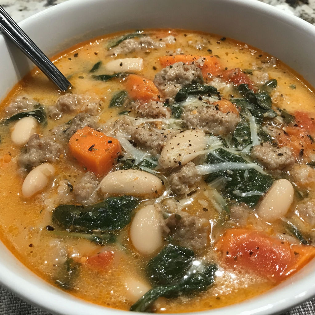 A bowl of soup with meat and vegetables.
