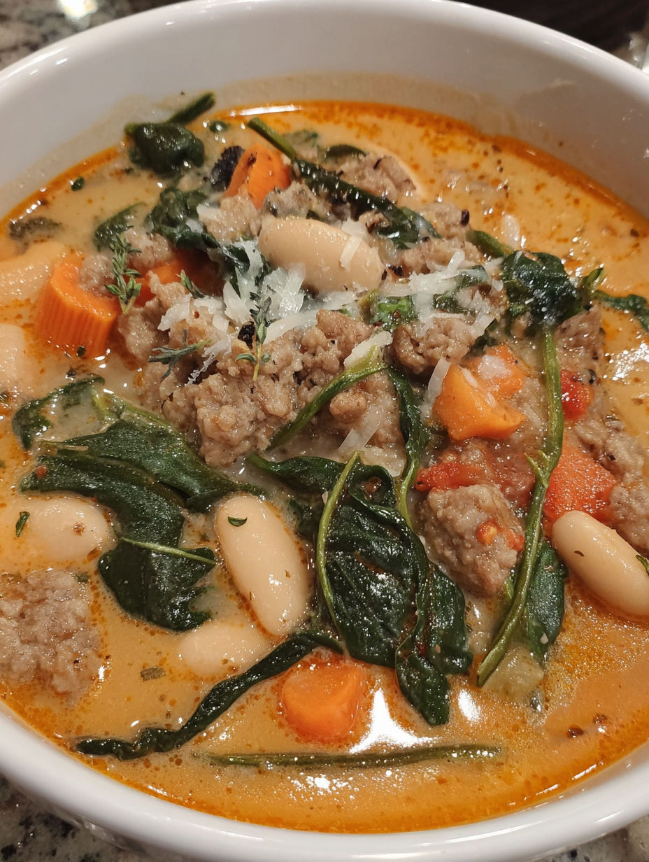 A bowl of soup with meat, beans, and greens.