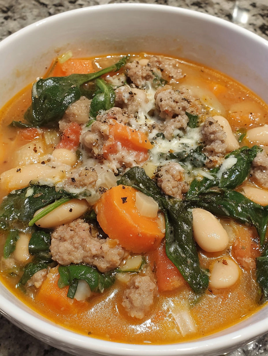 A bowl of soup with meat, beans, and carrots.