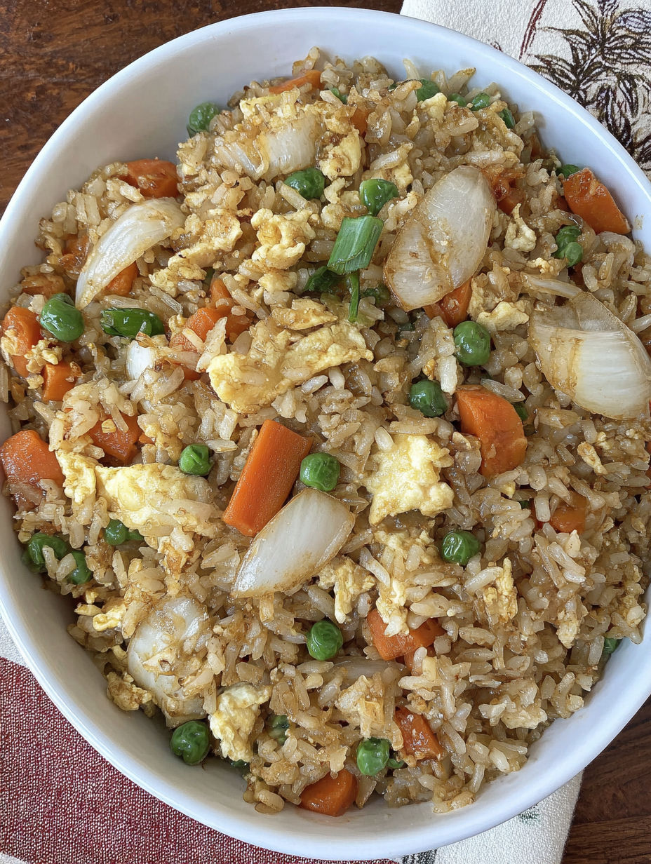 A bowl of rice with peas and carrots.