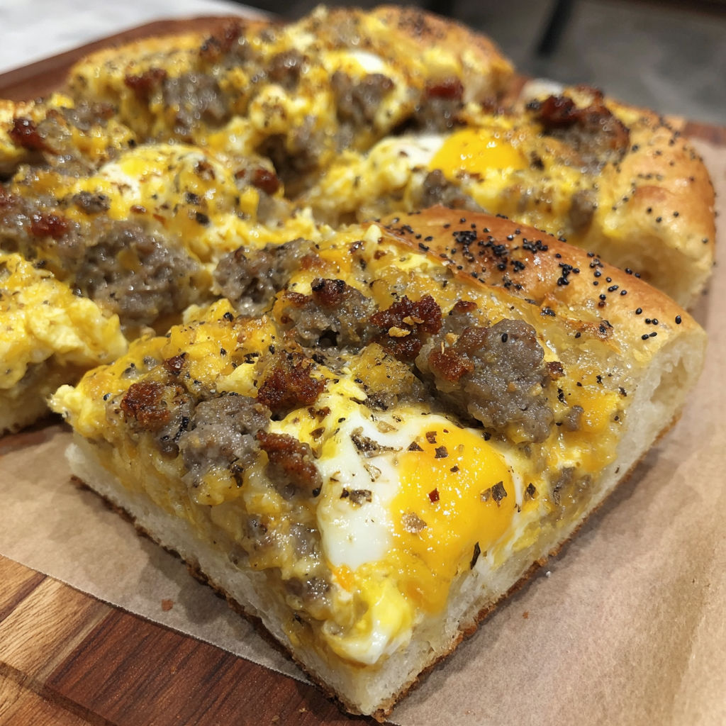 A slice of breakfast pizza with eggs and sausage.
