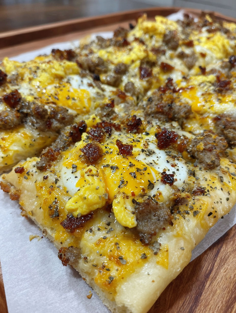A breakfast pizza with eggs, sausage, and bacon.