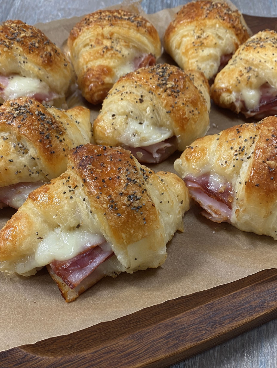 A plate of ham and cheese croissants.