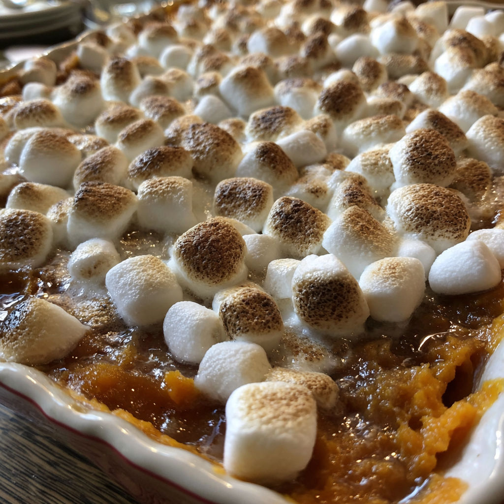 A close up of a sweet potato casserole with marshmallows.