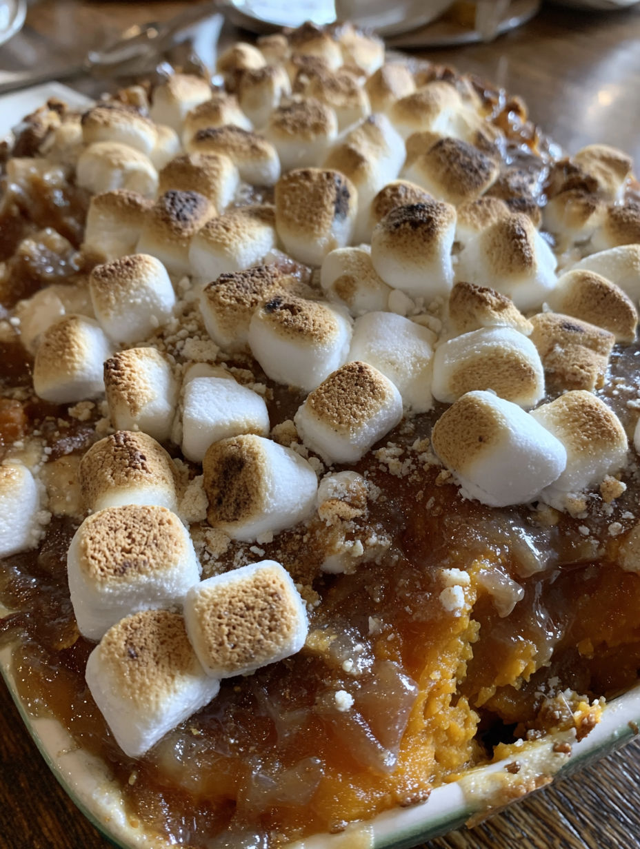 A close up of a sweet potato casserole with marshmallows on top.