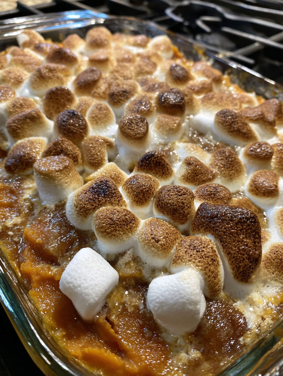 A close up of a sweet potato casserole with marshmallows.
