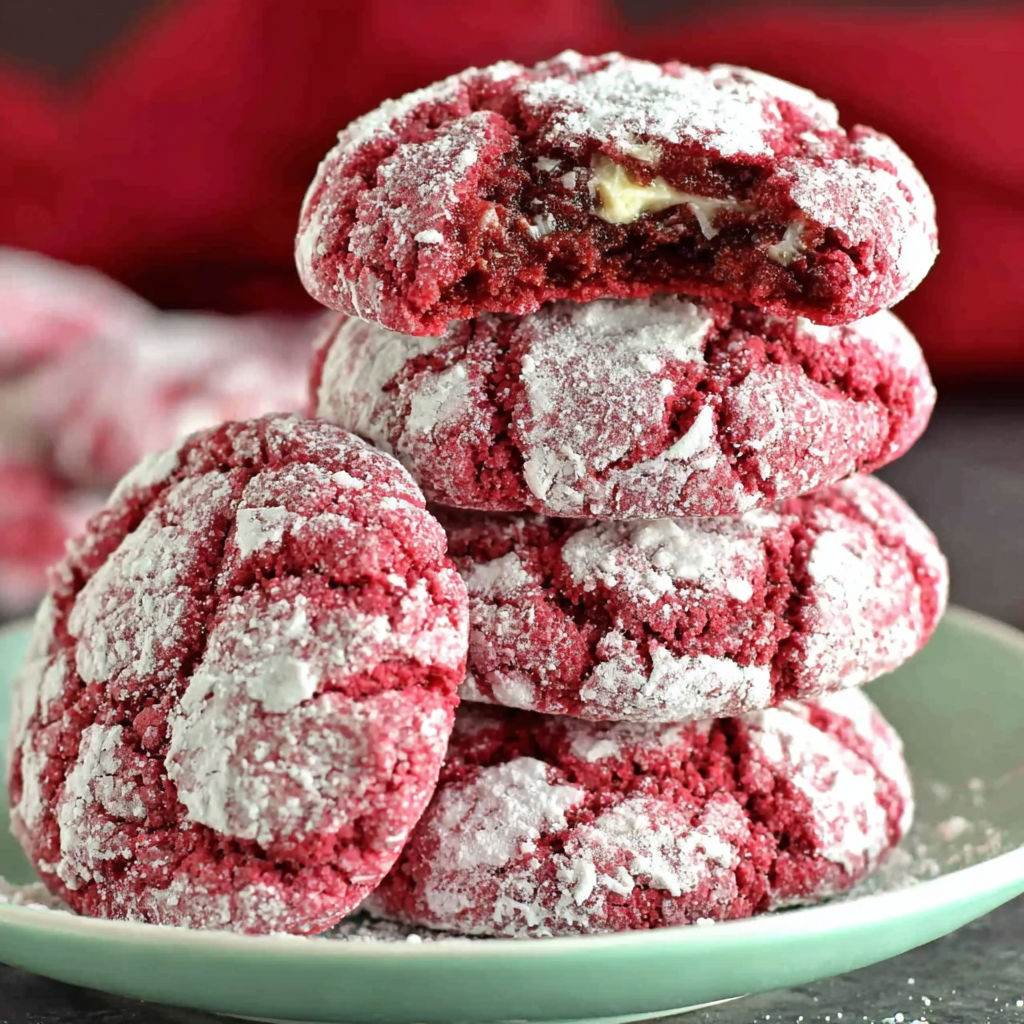 A stack of red velvet crinkle cookies.
