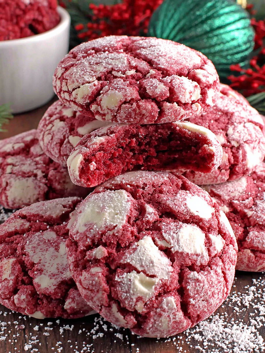 Red velvet crinkle cookies with white frosting.