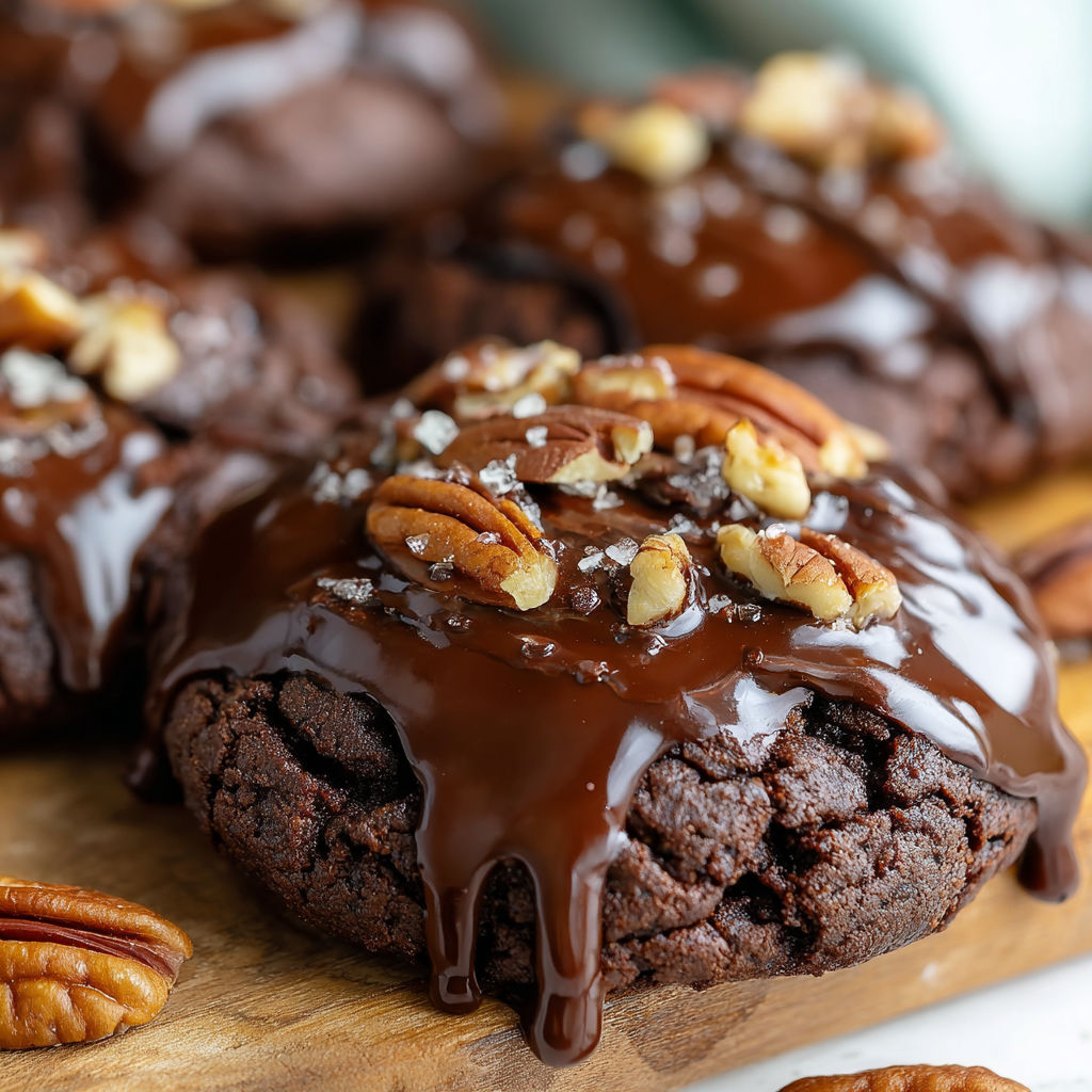 Chocolate chip cookies with pecans and chocolate drizzle.